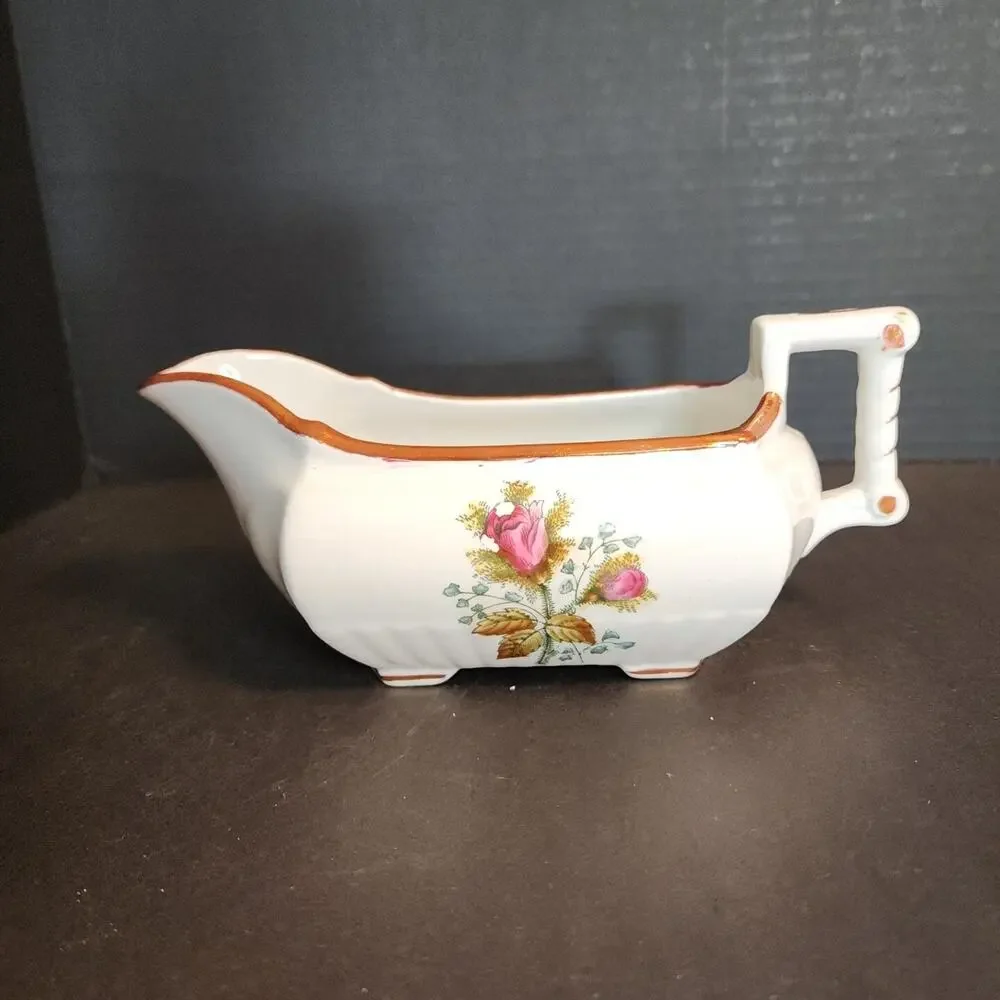 Vtg Royal Ironstone China England-W. H. Grindley Gravy Boat Roses Copper Luster